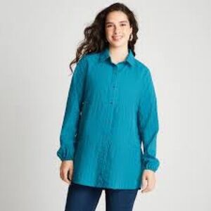 Evelyne Talman Teal Linen Boho Chic Button-Back Tunic – Size L